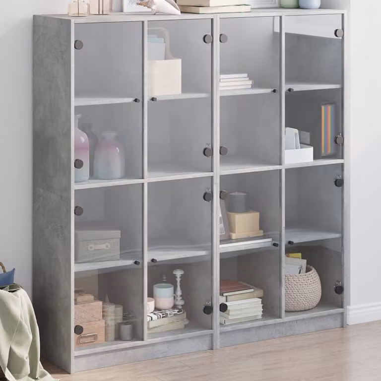 Libreria moderna vidaXL con ante in vetro e ripiani interni, Grigio, L: 136 cm, P: 37 cm, H: 142 cm
