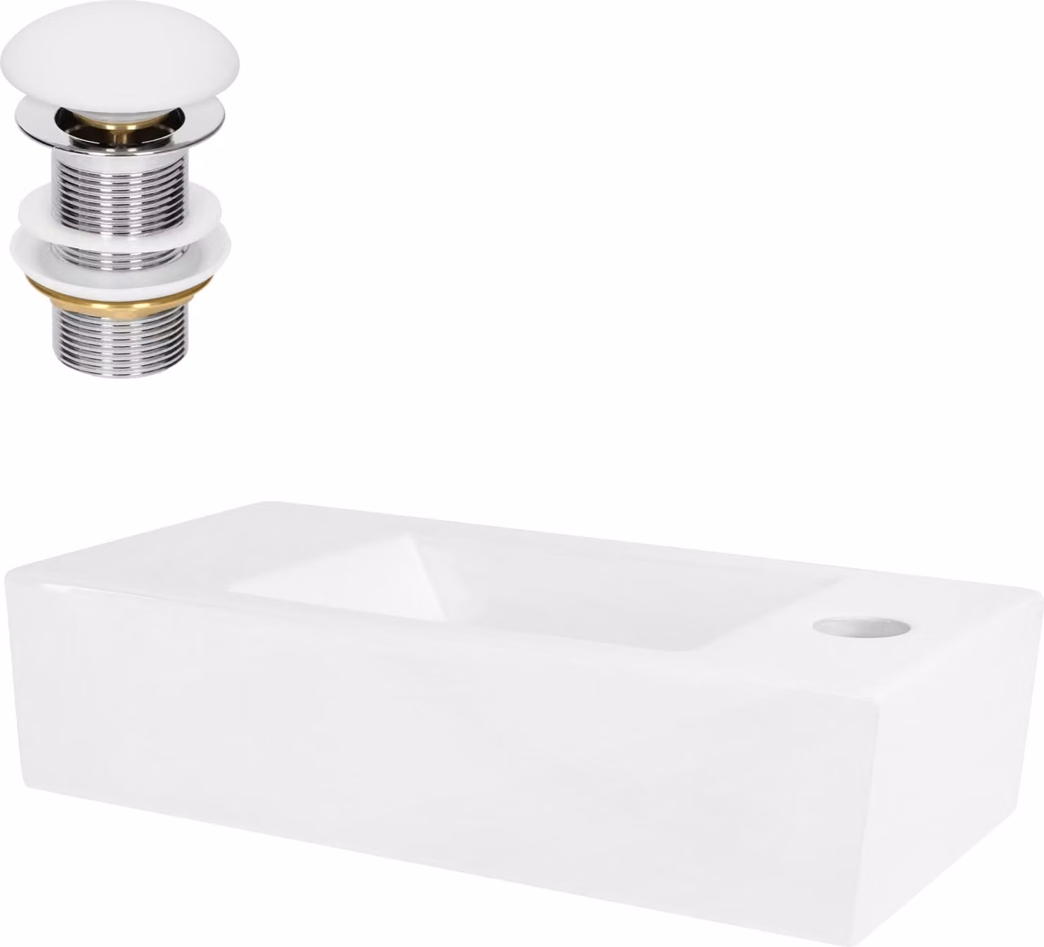 LuxeBath Lavabo Lavabo da appoggio Square, 40x18,5x10 cm, bianco, Vetroceramica, foro per rubinetto a destra, incl. set di scarico senza troppopieno