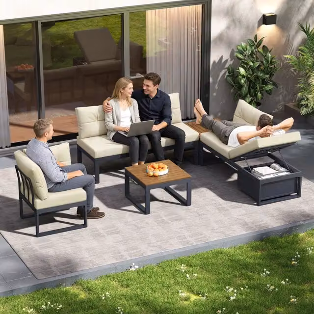 Set divano da giardino modulare beige con schienale regolabile a 3 posizioni e vano contenitore