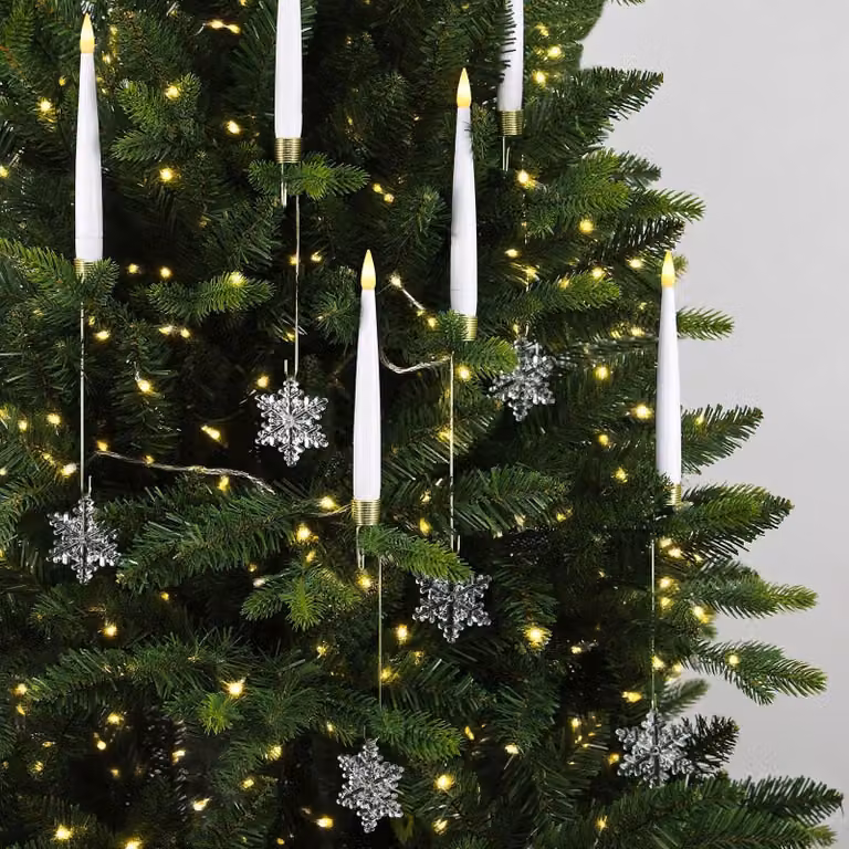 Candele a LED per albero di Natale - 12 pezzi - Con ganci a forma di fiocchi di neve - Con telecomando