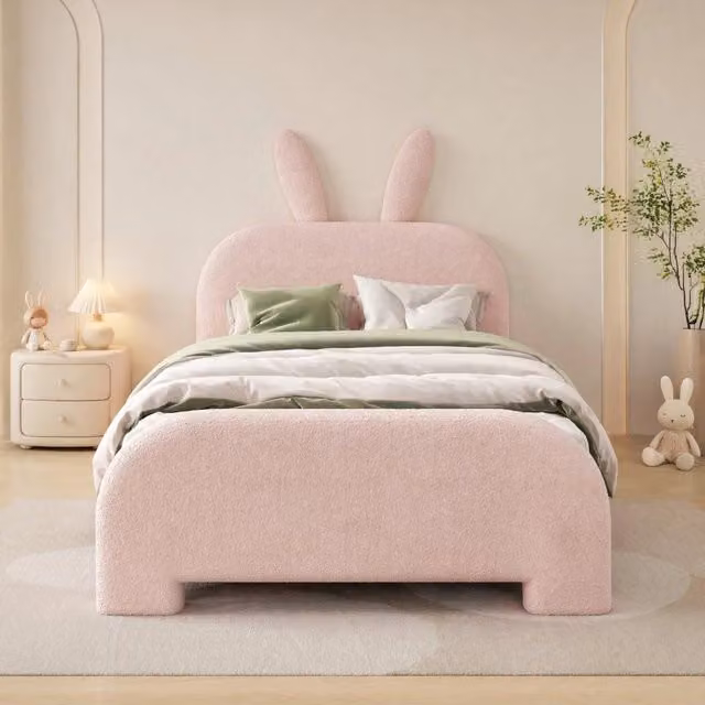 Letto per bambini MODFU rosa con testiera a forma di coniglio, struttura in MDF e tessuto, con 2 cassetti, L/P: 90 x 200 cm