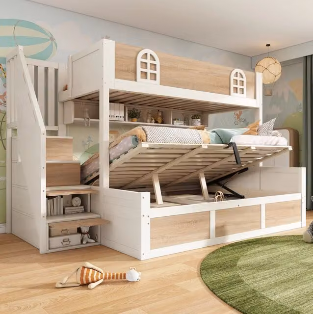 Letto a castello per bambini 90x200 e 140x200 cm con vano portaoggetti idraulico, scala con armadietti, rete a doghe e protezione anticaduta, finitura bianco e naturale senza materassi