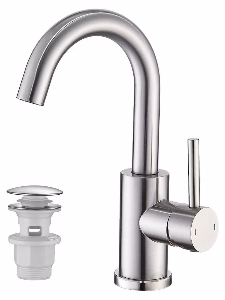 Miscelatore monocomando per lavabo, con scarico a tappo, finitura spazzolata e rotazione a 360°