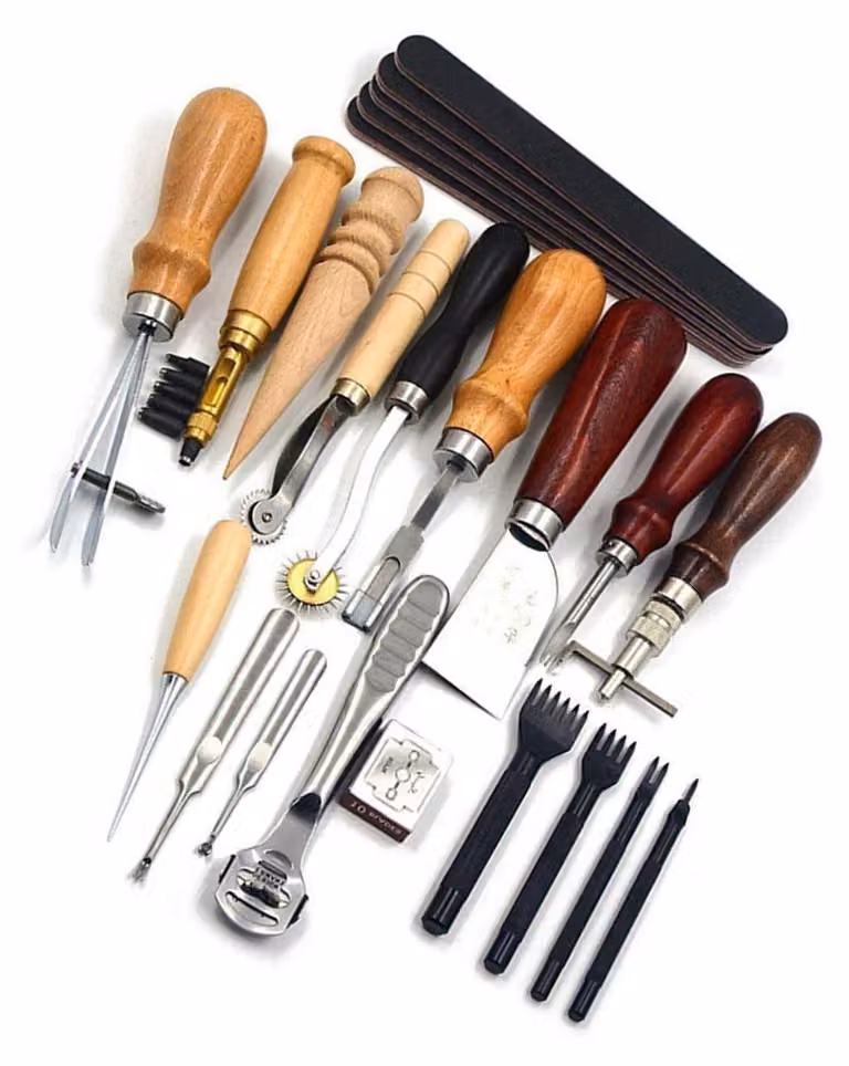 Set di strumenti per la lavorazione della pelle, 19 pezzi - Utensili professionali - Attrezzi manuali in pelle - Costruzione robusta - Perfetto per l'artigianato della pelle - Crea disegni eleganti - Kit per la lavorazione della pelle