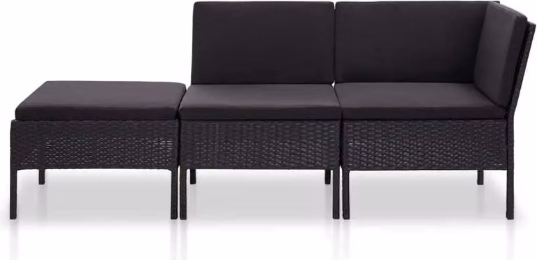 Set Divani da Giardino 3 pz con Cuscini in Polyrattan Nero