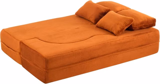 Divano letto da pavimento pieghevole con funzione letto e 4 cuscini in tessuto di peluche arancione