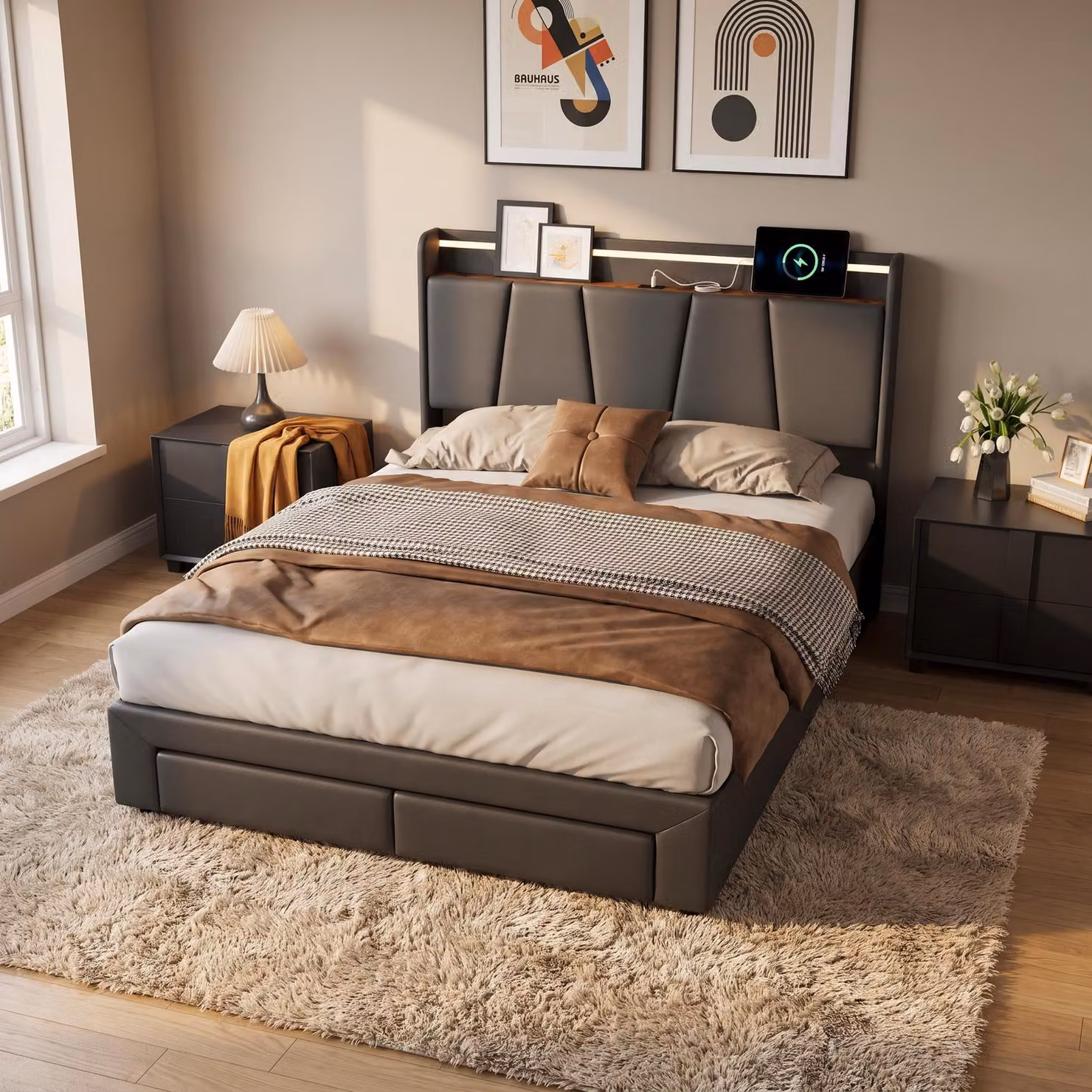 Letto imbottito INONEFT, 140x200 cm, con spazio contenitore, letto per ragazzi con funzione di ricarica (USB e Type-C), letto a molle con LED e rete a doghe, tessuto in lino, colore grigio