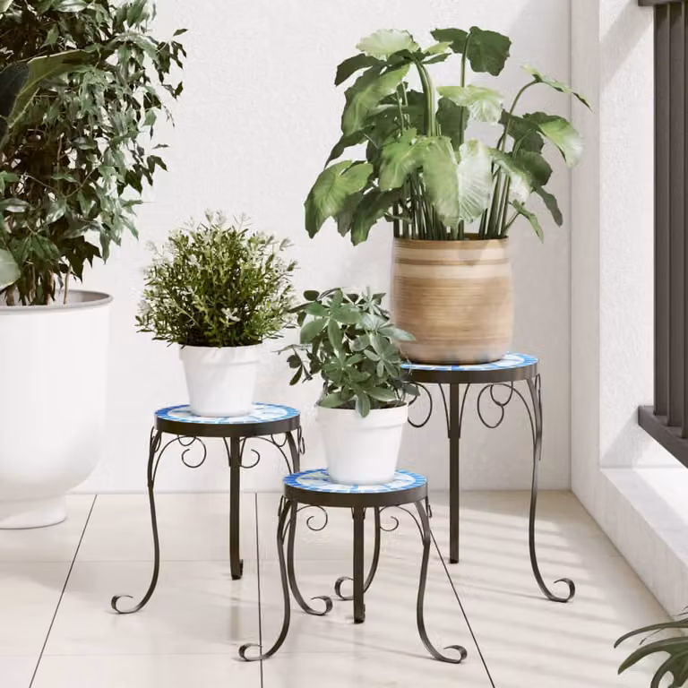 Set di 3 supporti per piante vidaXL in ceramica e acciaio, colori blu e bianco, Altezza: 35 cm