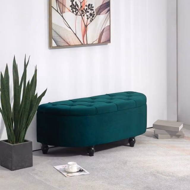 Panca contenitore OKWISH in velluto verde scuro con coperchio e gambe in legno, stile classico, L: 120 cm, P: 46 cm, H: 42 cm – 1