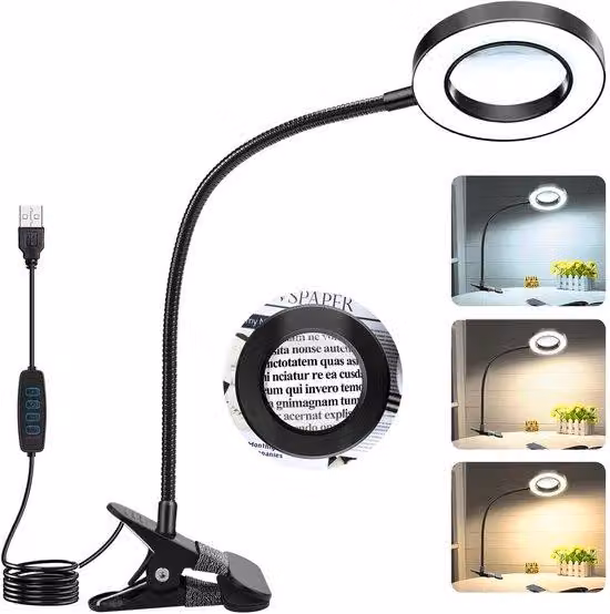 Lente d'ingrandimento Unyqoos® con ingrandimento 10X e illuminazione a LED, alimentata tramite USB – collo di cigno flessibile da 360 cm, clip in metallo e 3 modalità di illuminazione. Lampada d'ingrandimento ideale per saldatura, cucito, modellismo