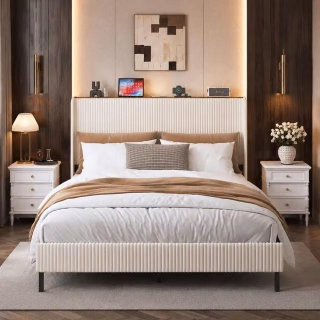 Letto matrimoniale ULEVR 160x200 cm con testiera in corduroy, 13 doghe e struttura in metallo, beige e crema