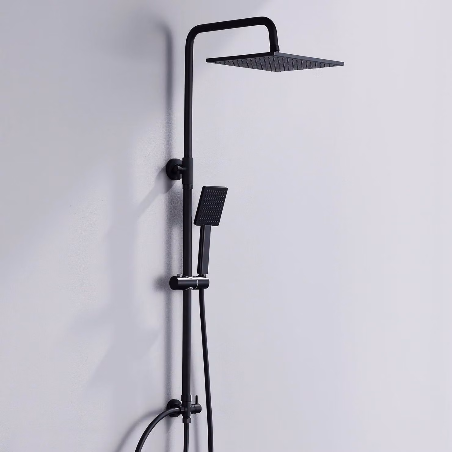 Doccia a soffione, 25x25 cm, nera, altezza regolabile da 74 a 109 cm