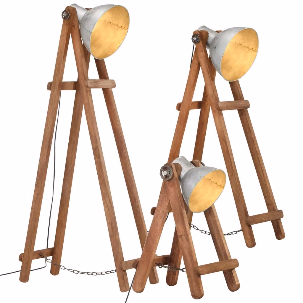 The Living Store Lampade da terra 3 pezzi argento E27 in legno massiccio di mango