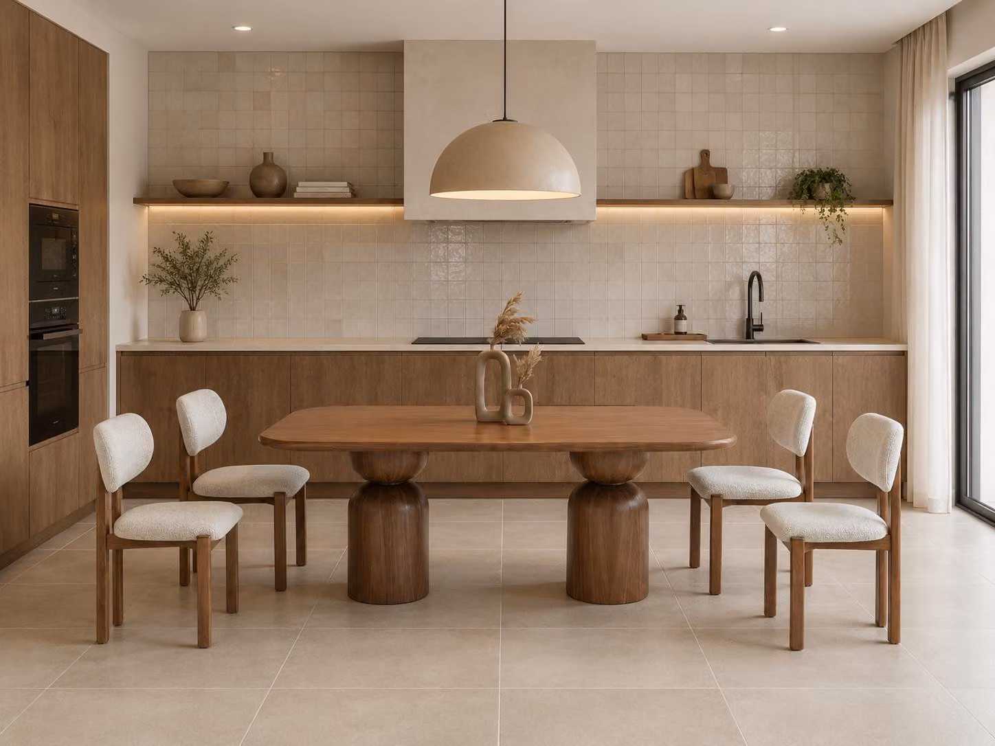 Set per sala da pranzo: tavolo da pranzo e 4 sedie, design moderno, colore marrone, elegante, versatile