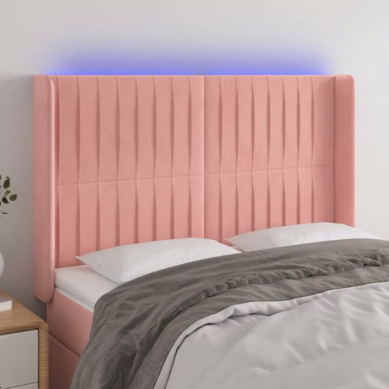 Testiera per letto vidaXL in velluto rosa con illuminazione LED e porta di ricarica USB, L: 147 cm, P: 16 cm, H: 118-128 cm