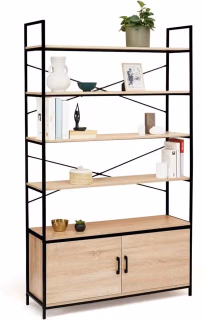 Scaffale XL IDMarket DETROIT con armadietto e 5 livelli in stile industriale, colore nero e marrone, H: 170 cm, L: 30 cm, P: 30 cm
