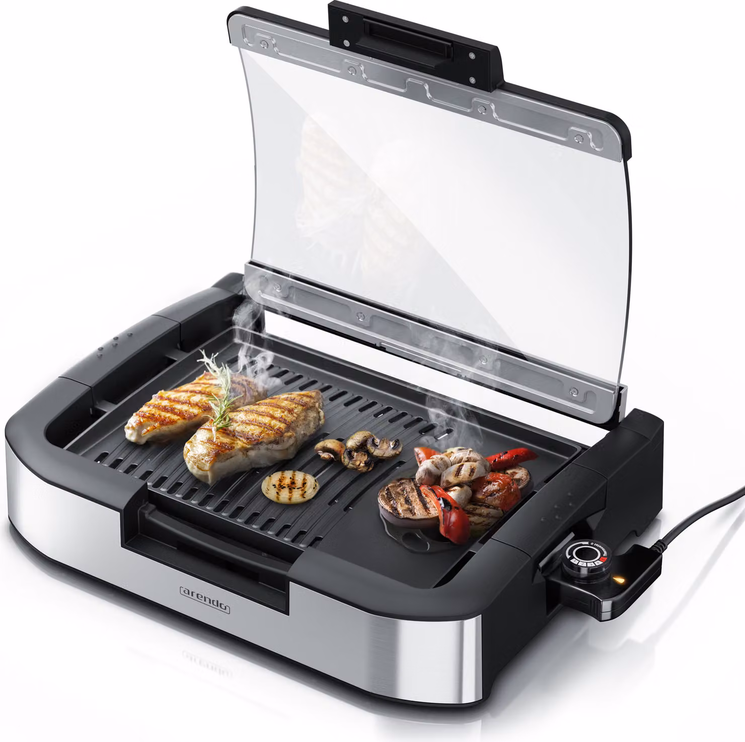 Arendo Gourmet grill da tavolo con copertura in vetro - grill elettrico - barbecue - per bistecche, salsicce, pesce, frutti di mare, verdure, funghi ecc. - per balcone, giardino, interno