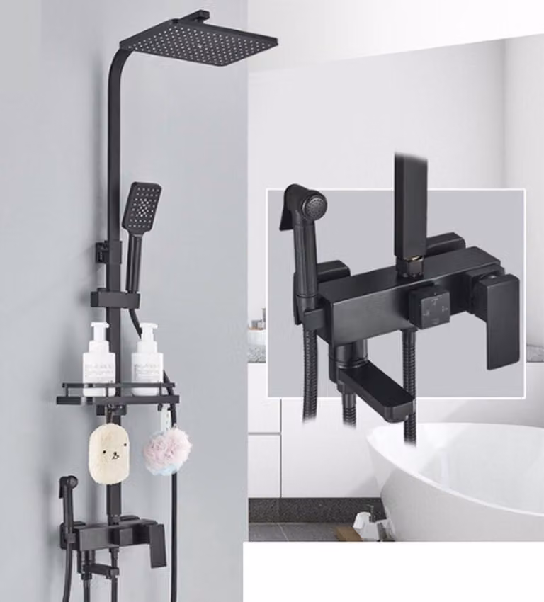 Set doccia ABS - Soffione - Doccia a pioggia quadrata - Doccia a pioggia regolabile - Nero opaco