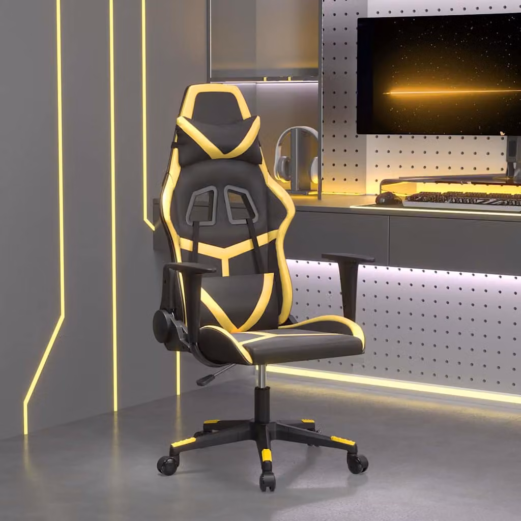 Sedia da Gaming vidaXL Nera e Oro in Similpelle con Poggiatesta e Ruote, Ruotabile a 360 Gradi