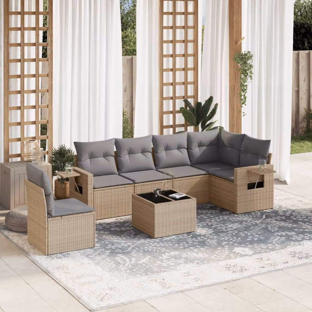 vidaXL Set Divani da Giardino 7 pz in Polyrattan con Cuscini Beige e Tavolino da Esterno – 1