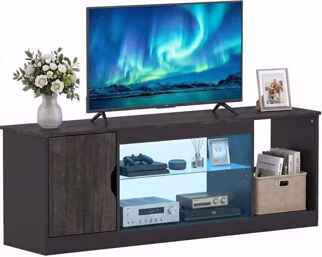 Mobile porta TV moderno con luci LED e ripiano in vetro temperato regolabile, Nero