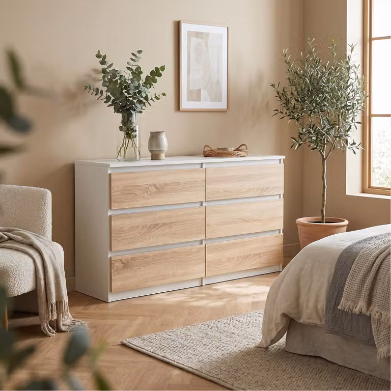 Comodà Masseno NUDO da 120 cm con 6 cassetti e ante, per soggiorno e camera da letto, stile moderno, 120x39x78,5 cm, bianco / rovere Sonoma