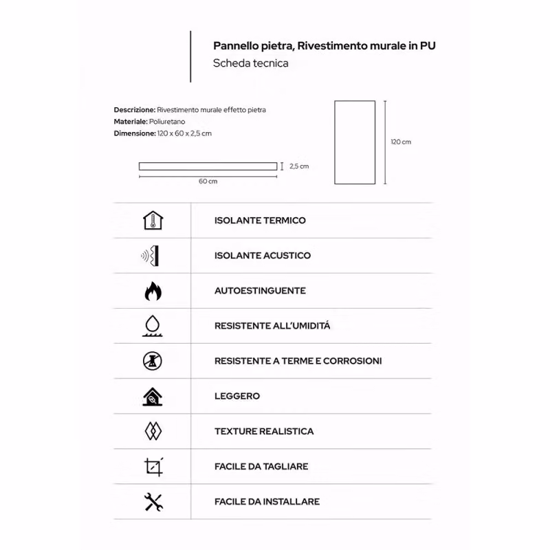 Pannello decorativo Divina Home effetto pietra e mattoni 3D in PVC, set da 12 pezzi per rivestimento murale, Grigio, L: 120 cm, P: 60 cm, H: 2,5 cm – 2
