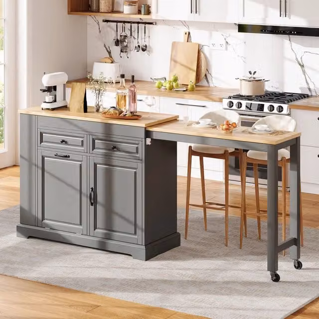 Carrello da cucina con piano estraibile, 2 cassetti e vano pattumiera, in MDF e PB, grigio, 112-180 × 45 × 92 cm