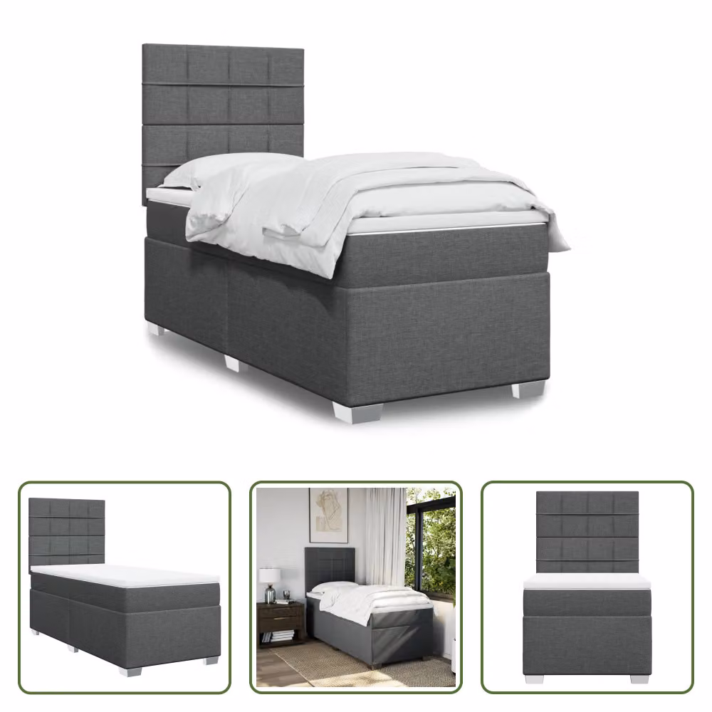 The Living Store Letto a molle con materasso grigio scuro 90x190 cm in tessuto