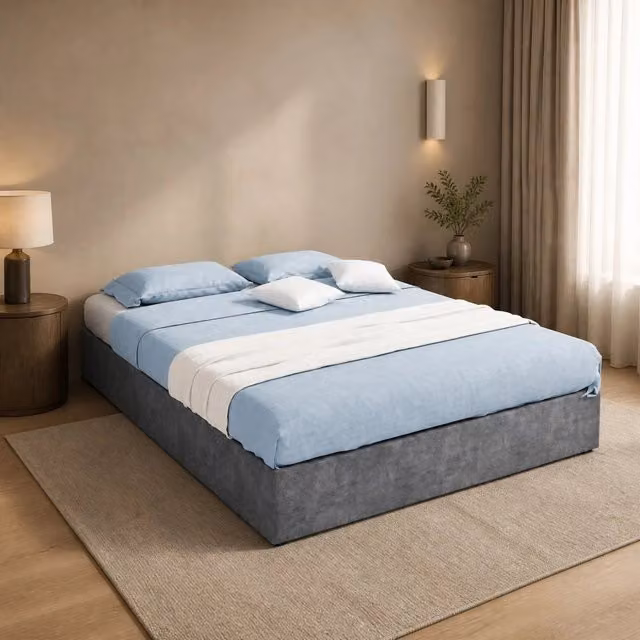 Letto matrimoniale 140x200 cm grigio in tessuto con testiera geometrica, senza materasso