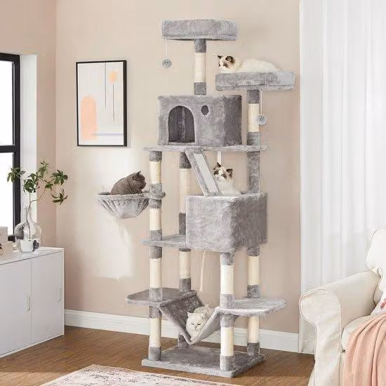 Torre da arrampicata per gatti, altezza 206 cm, 13 gradini, 2 piazzole, 2 cucce, seduta, amaca, decorazioni, grigio chiaro