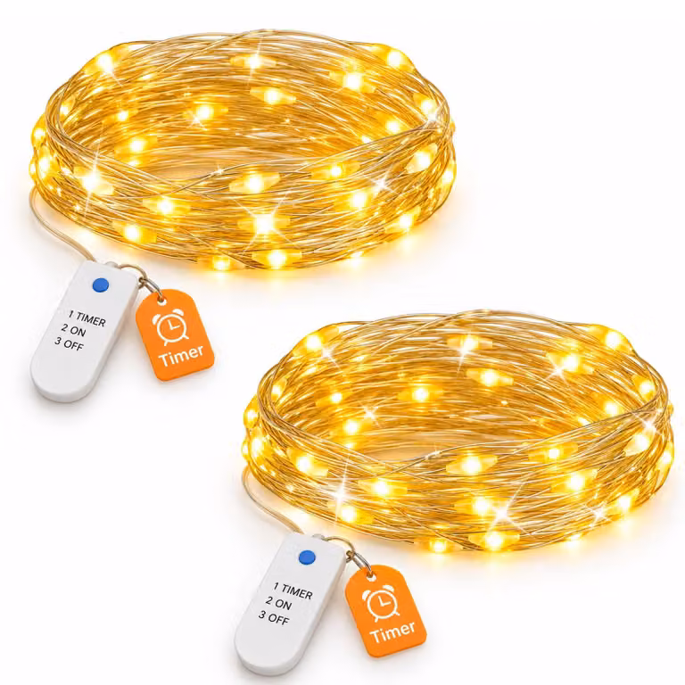 Set di 2 catene luminose mini, 30 LED, 3 metri, con timer, alimentate a batteria, luce bianco caldo