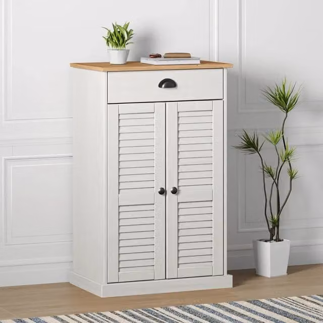 Scarpiera da parete vidaXL in legno di pino bianco stile rustico con ante a battente e ripiani, L: 60 cm, P: 35 cm, H: 96 cm – 1