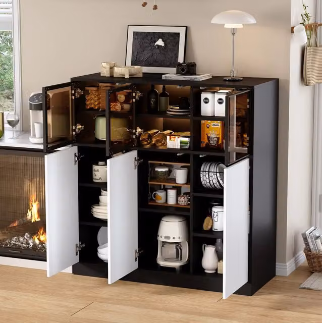 Credenza moderna con 6 ante e illuminazione integrata nero bianco e dettagli in vetro per il tuo soggiorno L/P/H: 105 x 40 x 6 cm