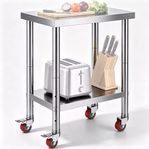 Tavolo da lavoro in acciaio inox VEVOR argento per cucina commerciale con 4 ruote e 3 livelli di altezza regolabili, L: 61 cm, P: 45 cm, H: 86 cm