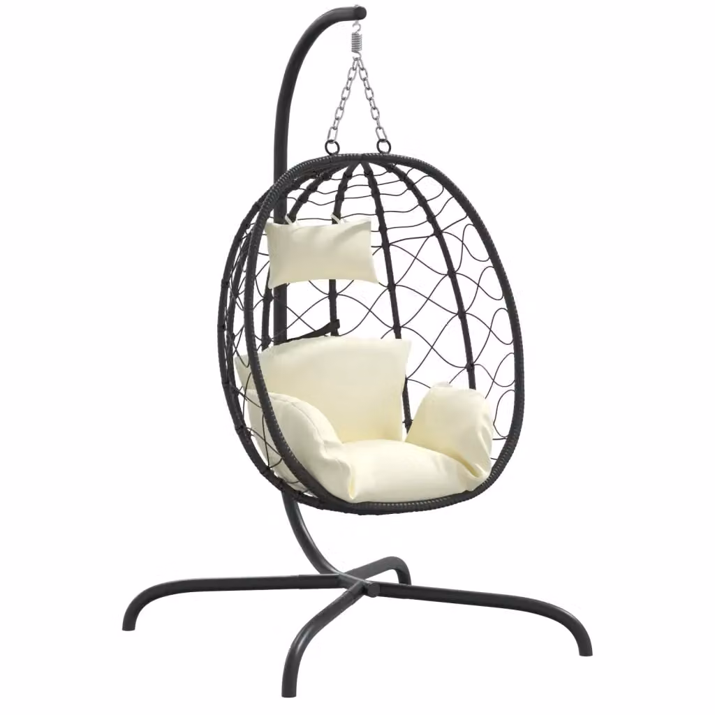Poltrona sospesa a uovo vidaXL con cuscino bianco e struttura in acciaio nero e rattan – 2