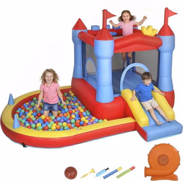 Castello gonflabile per bambini con soffiatore, scivolo e trampolino, multicolore, robusto per giardino