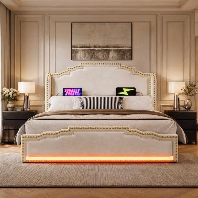 Letto contenitore 140x200 cm in velluto beige; 4 cassetti; LED e USB/Type-C