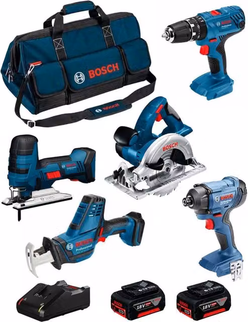 Kit utensili elettrici Bosch 18V BK502BAG blu con seghetto alternativo, avvitatore, trapano, mandrino, 2 batterie da 5,0 Ah, caricabatterie e borsa di trasporto