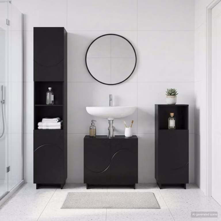 Set di mobili da bagno moderni vidaXL in 3 pezzi nero opaco in legno MDF con mobile lavabo, colonna alta e mobile laterale