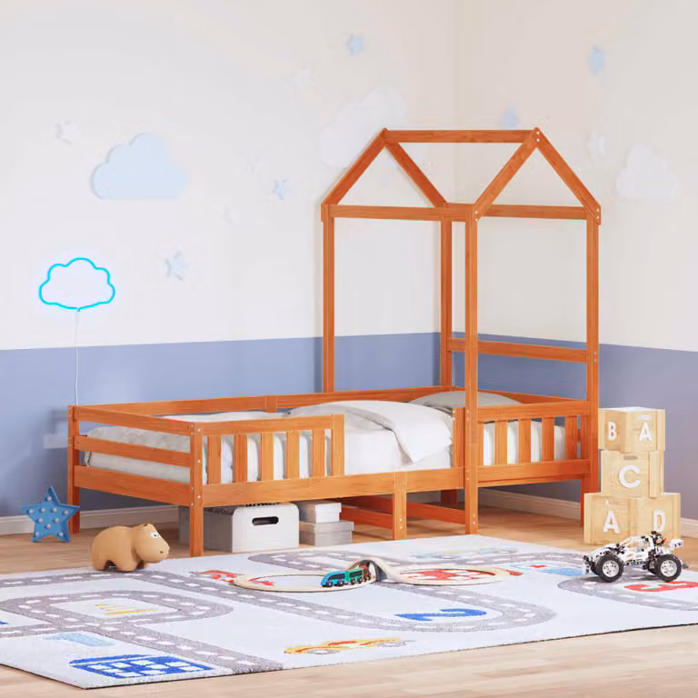 vidaXL Giroletto per bambini con tetto in legno massello di pino cerato, marrone, 90 x 200 cm