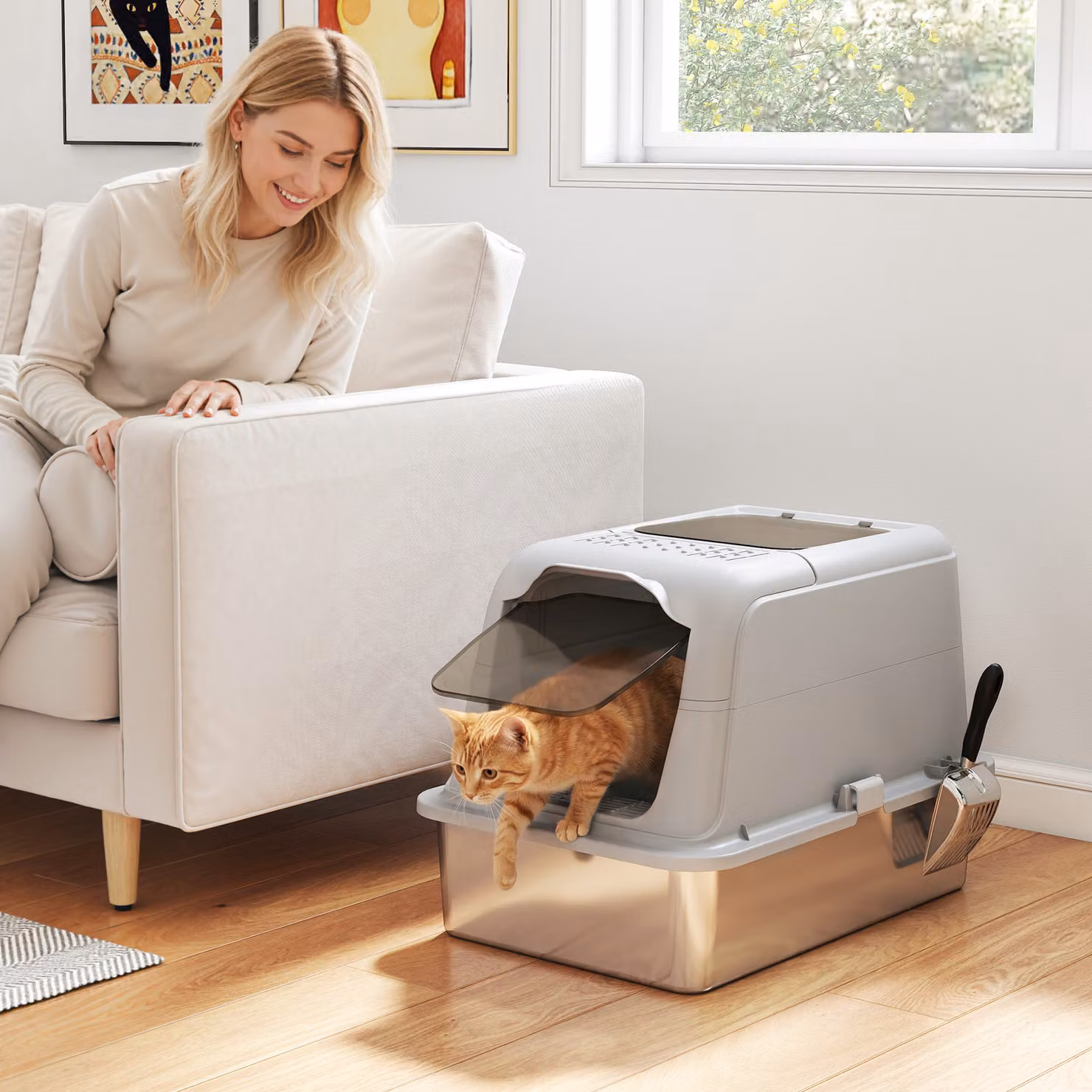 Lettiera chiusa per gatto PawHut in acciaio inox con coperchio, 2 ingressi, paletta e sacchetto deodorante, Grigio Chiaro – 2