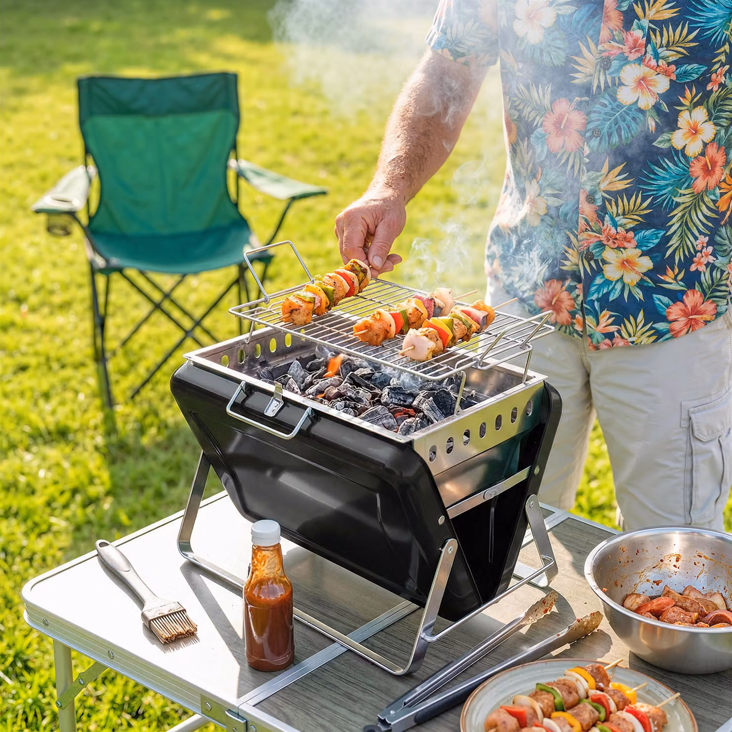 Barbecue a carbone Outsunny in acciaio inox con griglia e gambe pieghevoli per campeggio, Nero, L 40 cm x P 28 cm x H 25,5 cm – 2