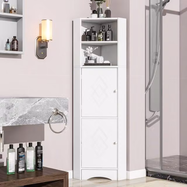 Armadio angolare da bagno Aosom Italy bianco con ripiani regolabili e ante a battente, L/P/H: 36.5 x 36.5 x 155 cm – 1