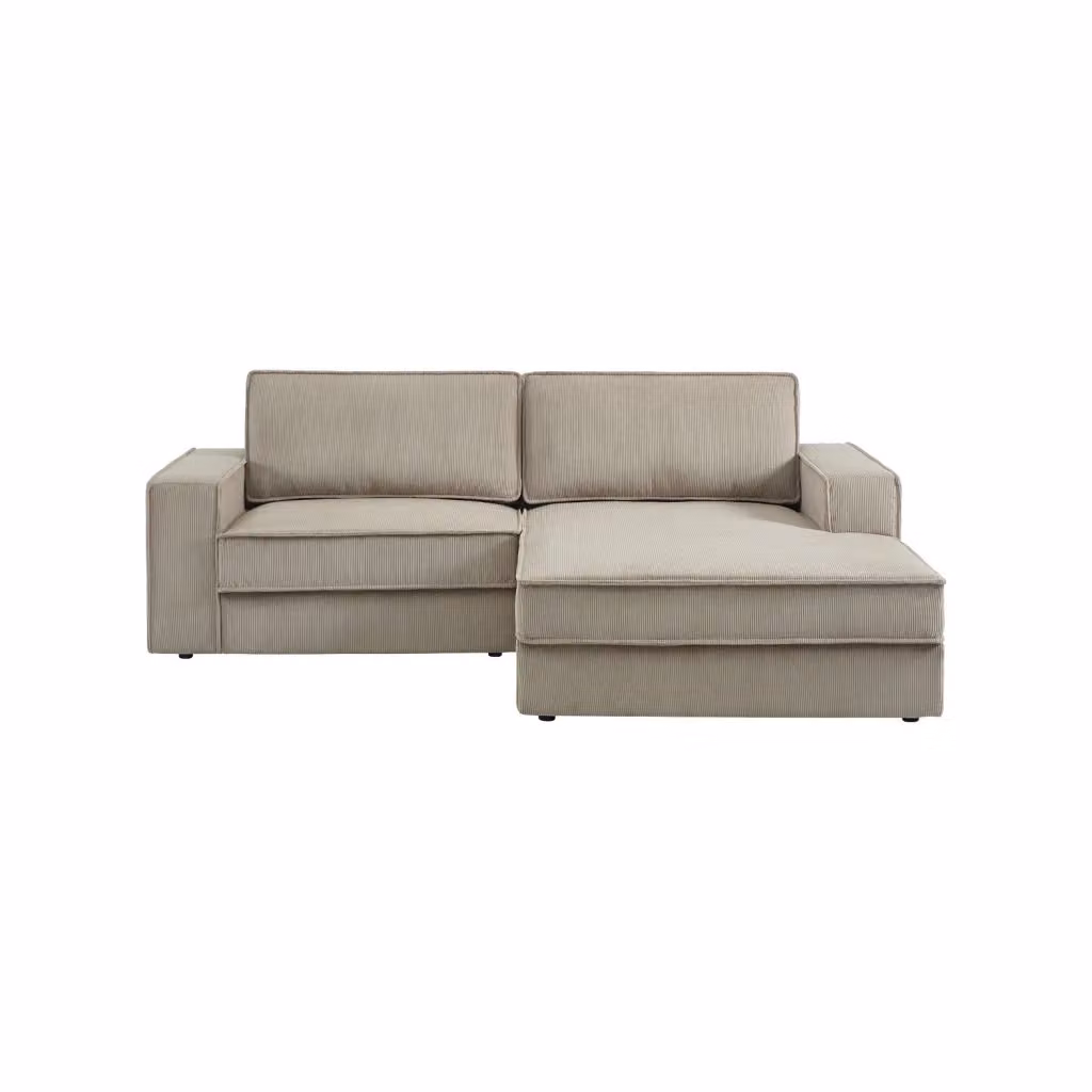 Divano angolare destro SWEEEK in velluto a coste beige con struttura in legno massiccio e cuscini inclusi, 3 posti – 2