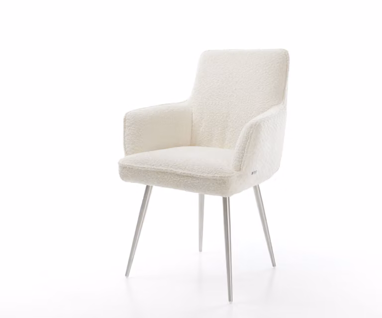 Sedia da pranzo DELIFE Heira-Flex con braccioli Bouclé Bianco 4 gambe coniche in acciaio inossidabile Molle insacchettate