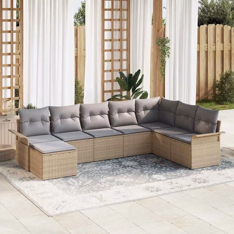 Set Divano da Giardino a L vidaXL in Polyrattan Beige con Cuscini e Tavolino da 8 Pezzi
