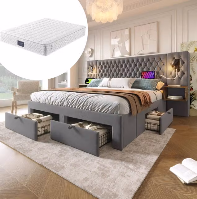 Letto imbottito 160×200 cm con materasso; 2 comodini; 4 cassetti; luci da lettura; porte USB e Type-C; velluto grigio