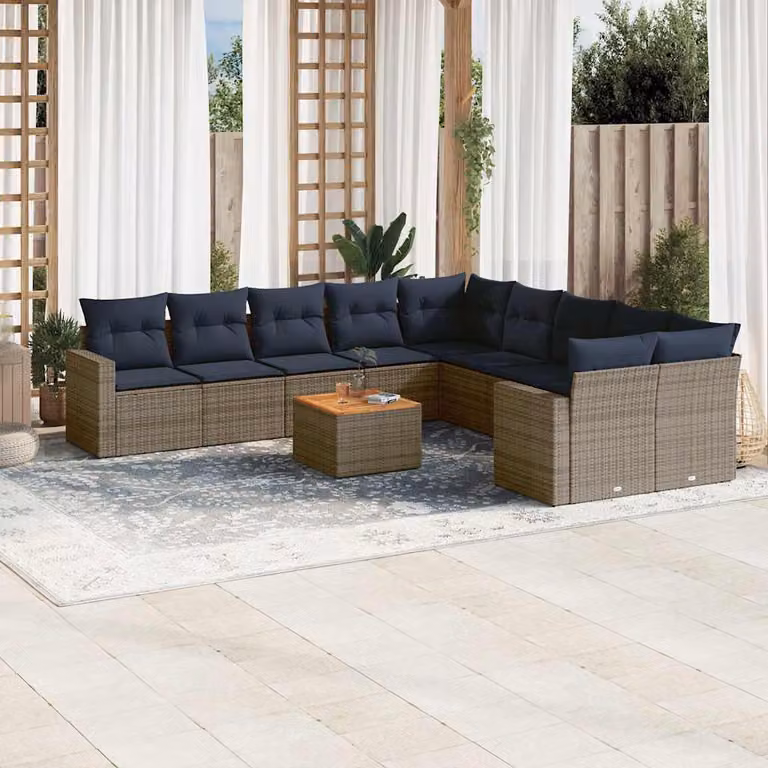 vidaXL Set Divani da Giardino a L 11 pz in Polyrattan Grigio con Cuscini e Tavolino da Esterno