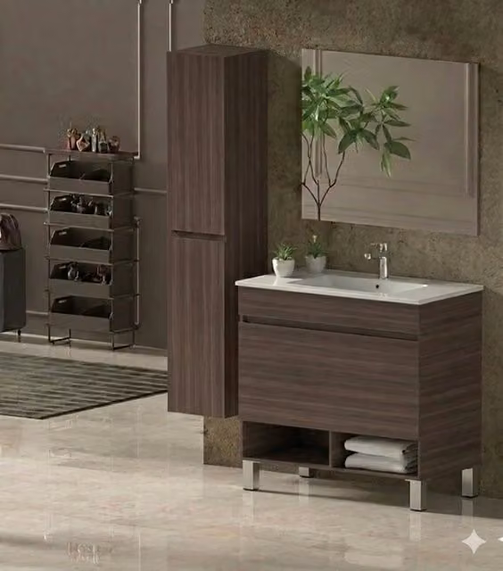 Mobile Bagno NEBARI com gambe Già Montato 1 cassetto, lavabo e specchio Frassino tea 60x45 cm con colonna